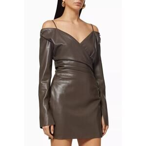 Nanushka Moha Dress Cold Shoulder Ruched Wrap Mini Faux Leather Brown Medium